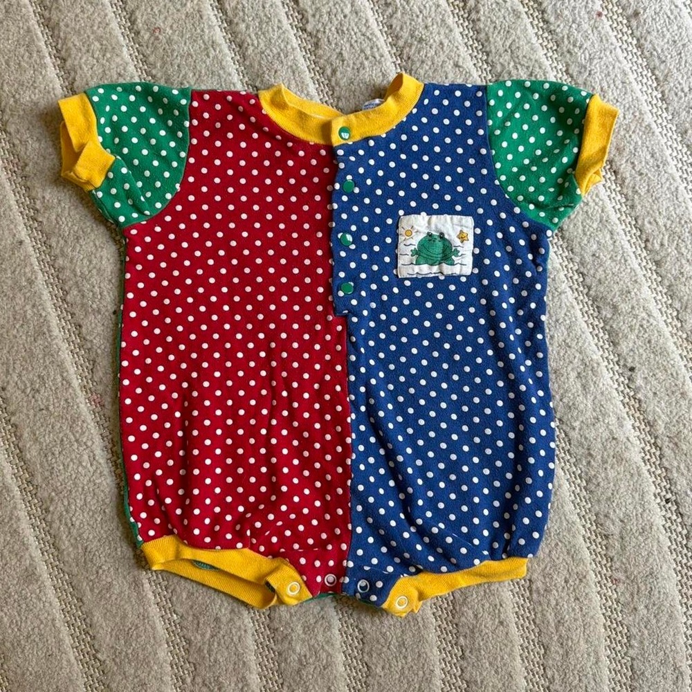 VTG 80s Baby Crest colorblock polka dot infant romper size 18M Kidcore